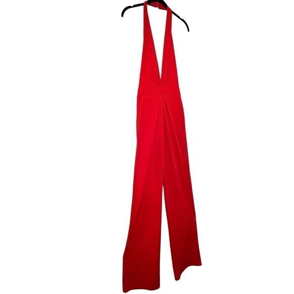 Soho Chic Open Back Deep V-neck Halter One Piece Jumpsuit Red Medium - Picture 3 of 5